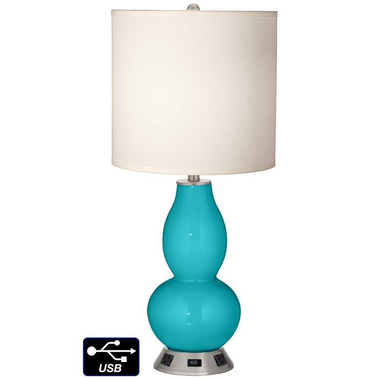 Image 1 White Drum Gourd Table Lamp - 2 Outlets and USB in Surfer Blue
