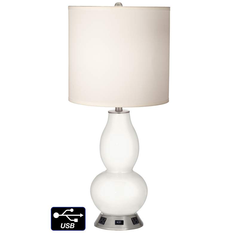 Image 1 White Drum Gourd Table Lamp - 2 Outlets and USB in Winter White