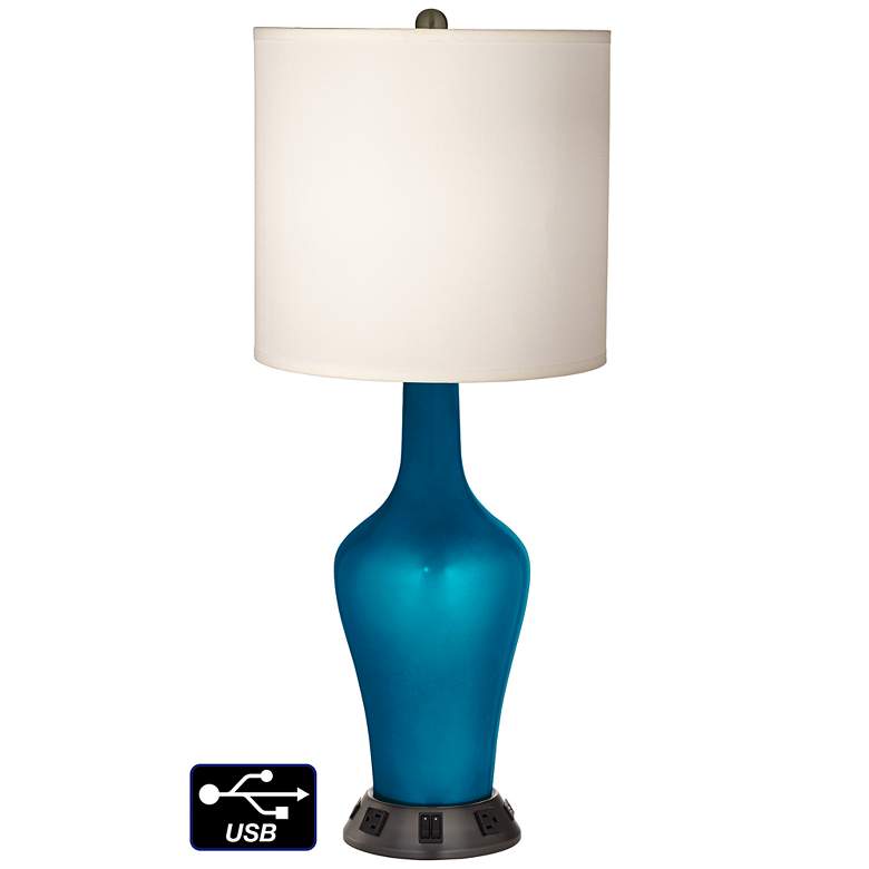 Image 1 White Drum Jug Lamp - 2 Outlets and 2 USBs in Turquoise Metallic