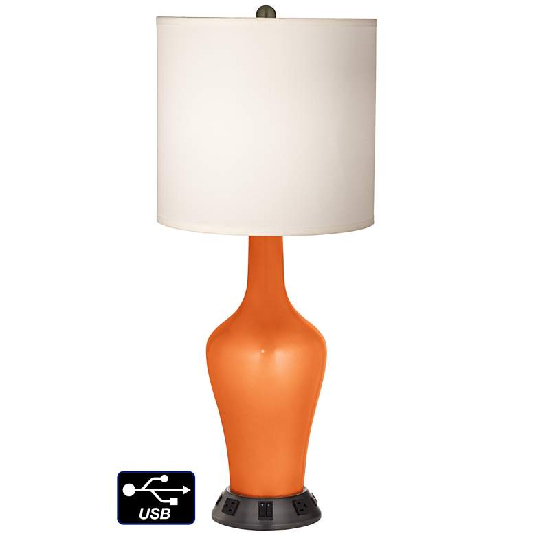Image 1 White Drum Jug Lamp - Outlets and USBs in Burnt Orange Metallic