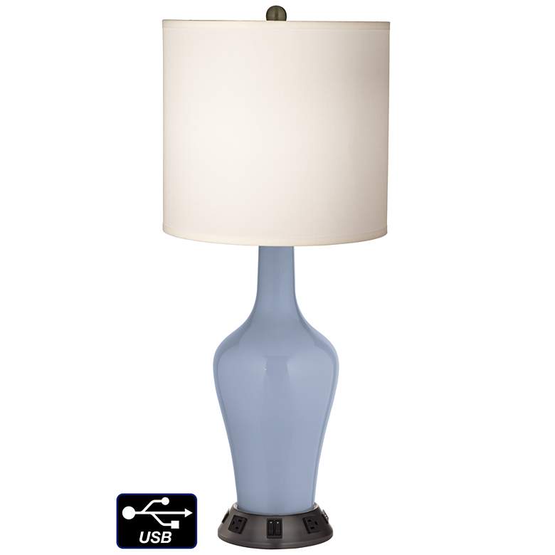 Image 1 White Drum Jug Table Lamp - 2 Outlets and 2 USBs in Blue Sky
