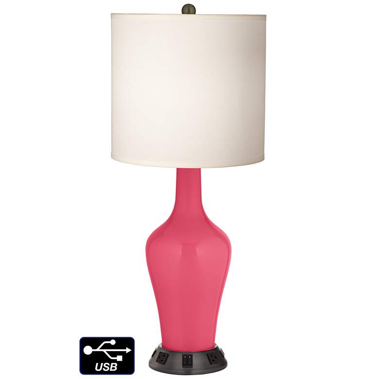 Image 1 White Drum Jug Table Lamp - 2 Outlets and 2 USBs in Eros Pink
