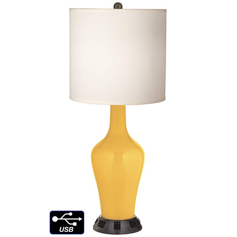 Image 1 White Drum Jug Table Lamp - 2 Outlets and 2 USBs in Goldenrod
