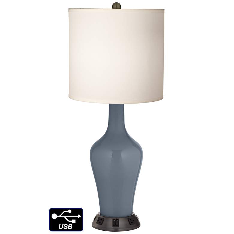 Image 1 White Drum Jug Table Lamp - 2 Outlets and 2 USBs in Granite Peak