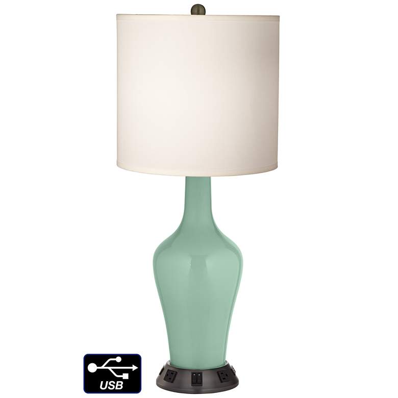 Image 1 White Drum Jug Table Lamp - 2 Outlets and 2 USBs in Grayed Jade