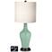 White Drum Jug Table Lamp - 2 Outlets and 2 USBs in Grayed Jade