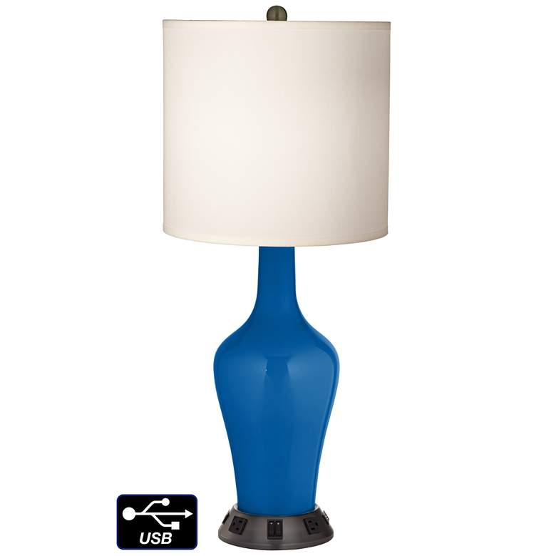 Image 1 White Drum Jug Table Lamp - 2 Outlets and 2 USBs in Hyper Blue