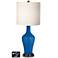 White Drum Jug Table Lamp - 2 Outlets and 2 USBs in Hyper Blue