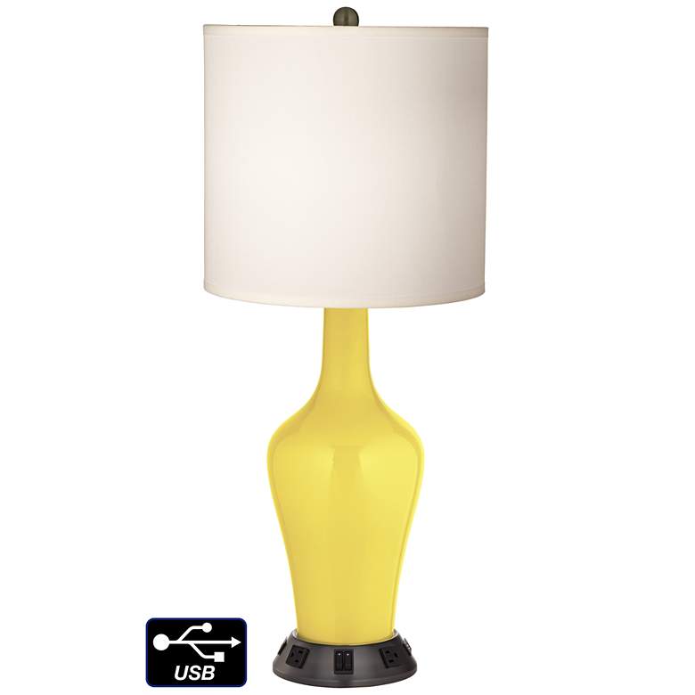 Image 1 White Drum Jug Table Lamp - 2 Outlets and 2 USBs in Lemon Twist