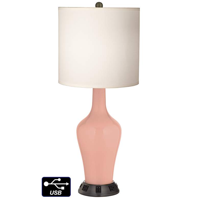 Image 1 White Drum Jug Table Lamp - 2 Outlets and 2 USBs in Mellow Coral