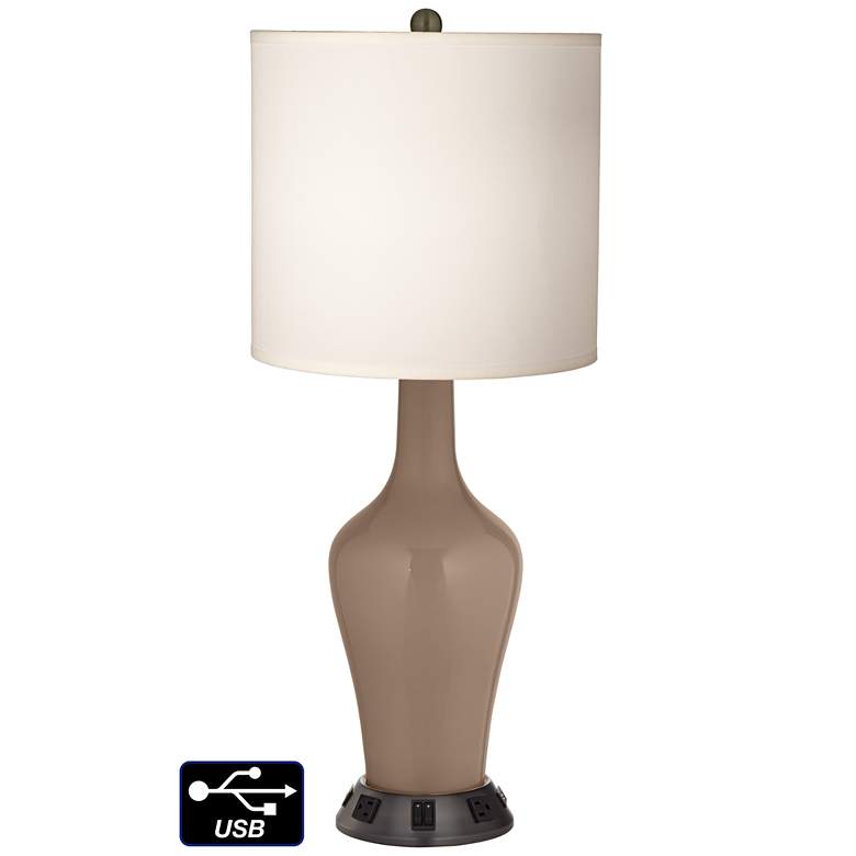 Image 1 White Drum Jug Table Lamp - 2 Outlets and 2 USBs in Mocha