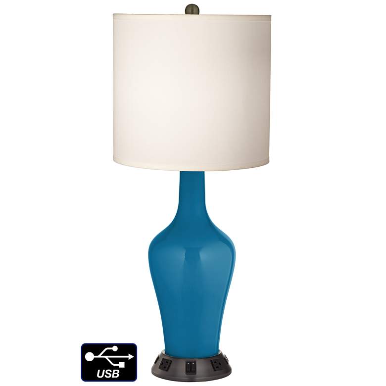 Image 1 White Drum Jug Table Lamp - 2 Outlets and 2 USBs in Mykonos Blue