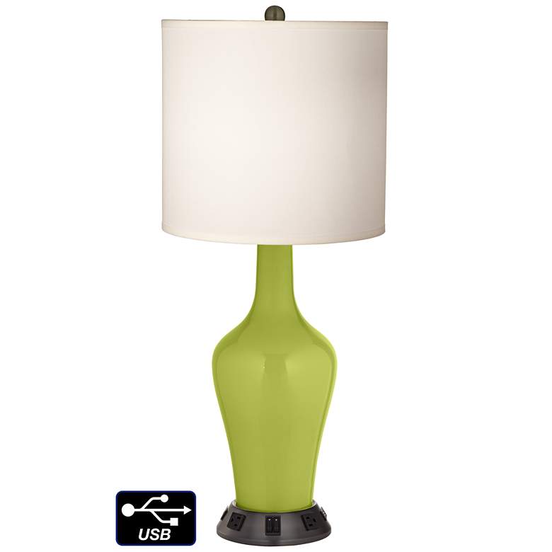 Image 1 White Drum Jug Table Lamp - 2 Outlets and 2 USBs in Parakeet