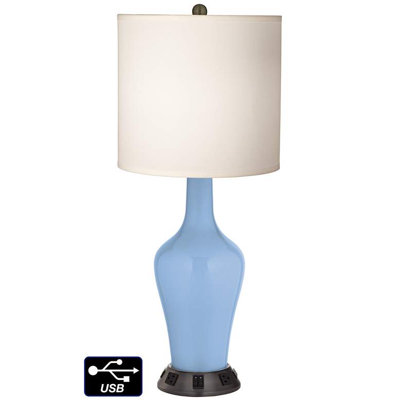 Image 1 White Drum Jug Table Lamp - 2 Outlets and 2 USBs in Placid Blue