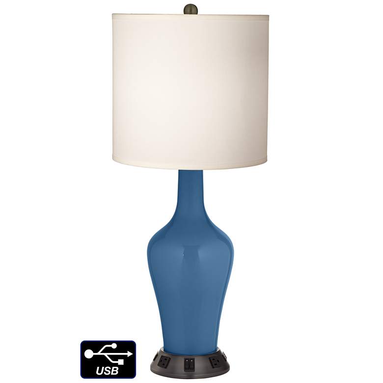 Image 1 White Drum Jug Table Lamp - 2 Outlets and 2 USBs in Regatta Blue