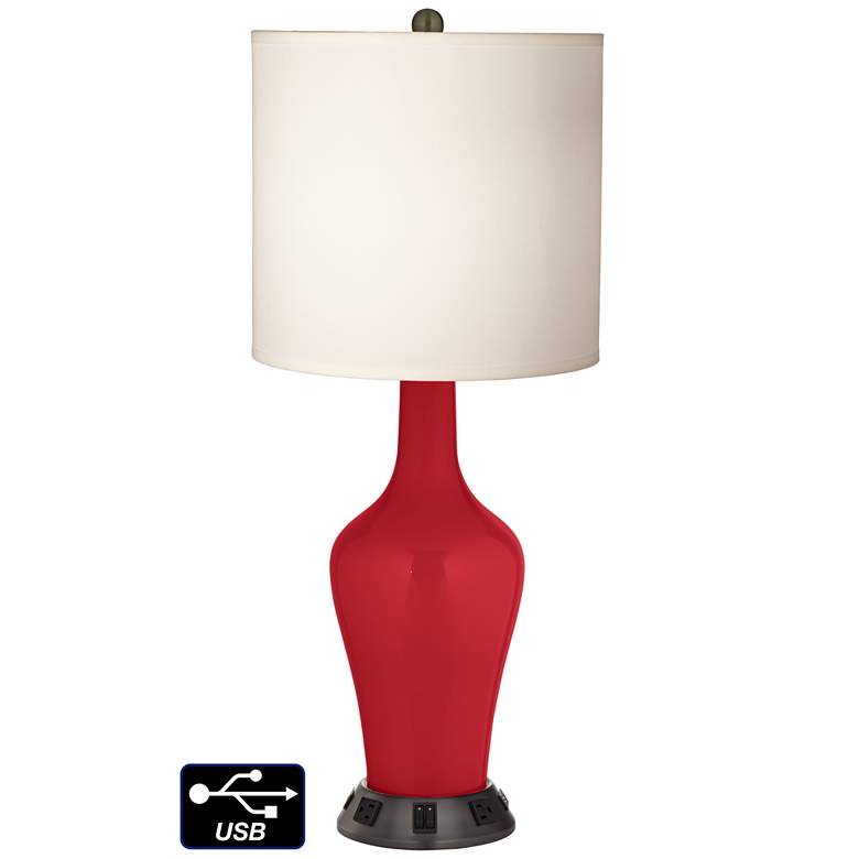 Image 1 White Drum Jug Table Lamp - 2 Outlets and 2 USBs in Ribbon Red