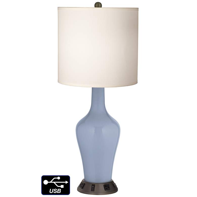 Image 1 White Drum Jug Table Lamp - 2 Outlets and USB in Blue Sky