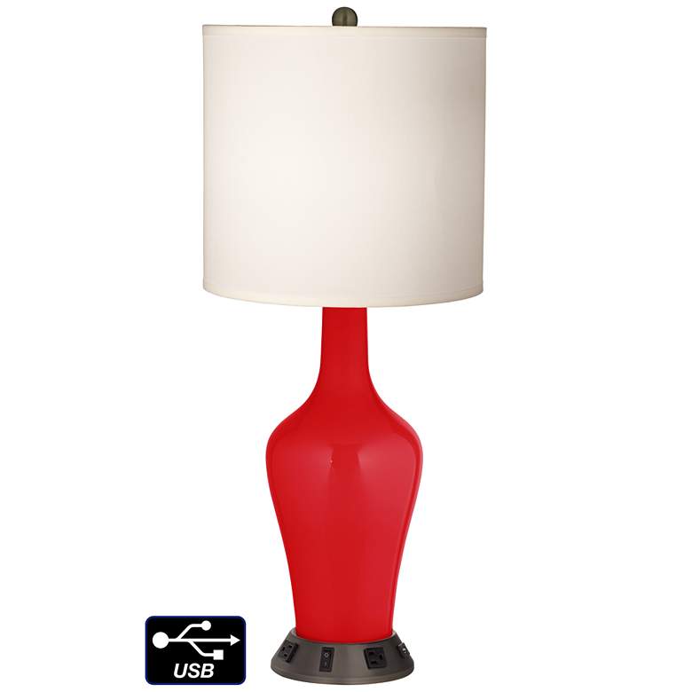 Image 1 White Drum Jug Table Lamp - 2 Outlets and USB in Bright Red