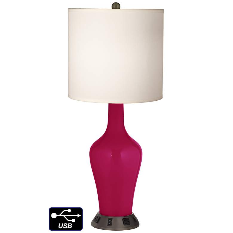 Image 1 White Drum Jug Table Lamp - 2 Outlets and USB in French Burgundy