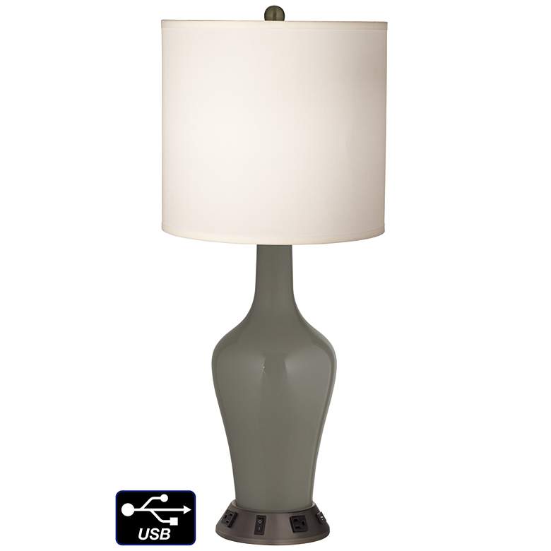 Image 1 White Drum Jug Table Lamp - 2 Outlets and USB in Gauntlet Gray
