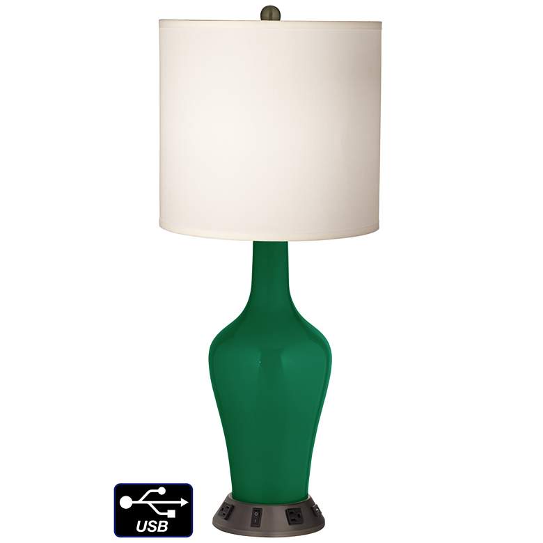 Image 1 White Drum Jug Table Lamp - 2 Outlets and USB in Greens