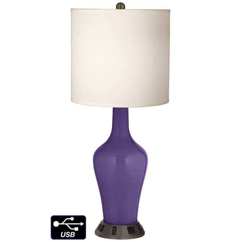 Image 1 White Drum Jug Table Lamp - 2 Outlets and USB in Izmir Purple