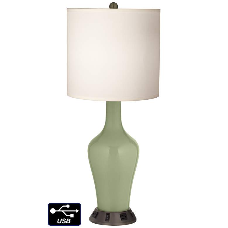 Image 1 White Drum Jug Table Lamp - 2 Outlets and USB in Majolica Green