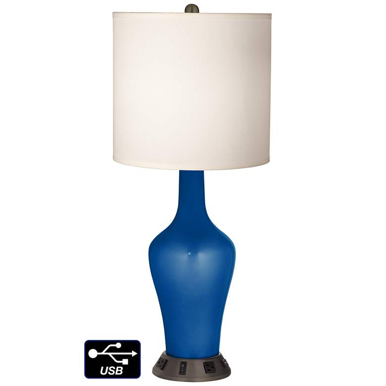 Image 1 White Drum Jug Table Lamp - 2 Outlets and USB in Ocean Metallic