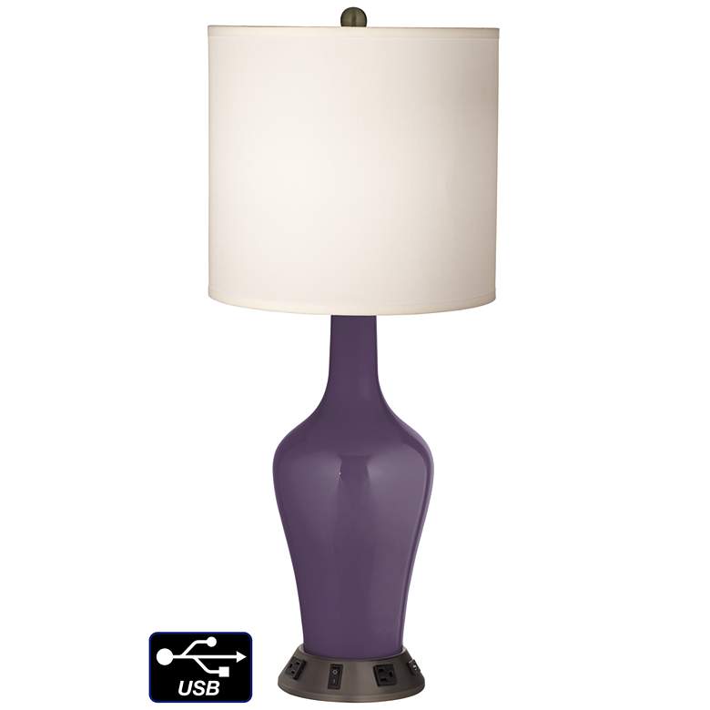 Image 1 White Drum Jug Table Lamp - 2 Outlets and USB in Quixotic Plum