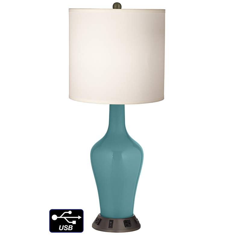 Image 1 White Drum Jug Table Lamp - 2 Outlets and USB in Reflecting Pool