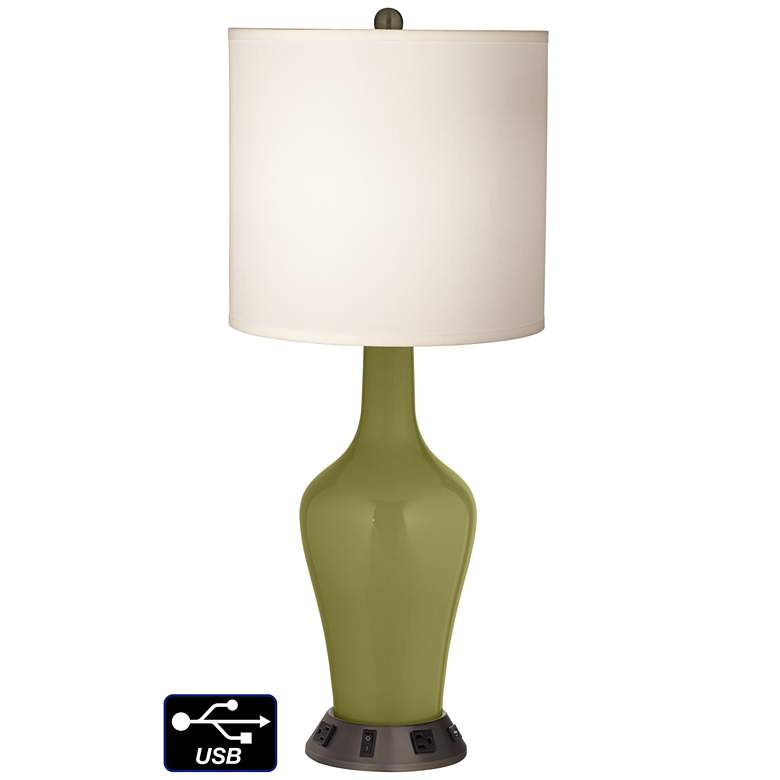 Image 1 White Drum Jug Table Lamp - 2 Outlets and USB in Rural Green