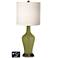 White Drum Jug Table Lamp - 2 Outlets and USB in Rural Green