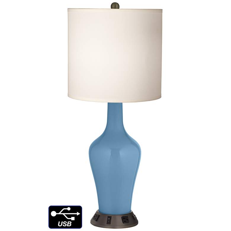 Image 1 White Drum Jug Table Lamp - 2 Outlets and USB in Secure Blue