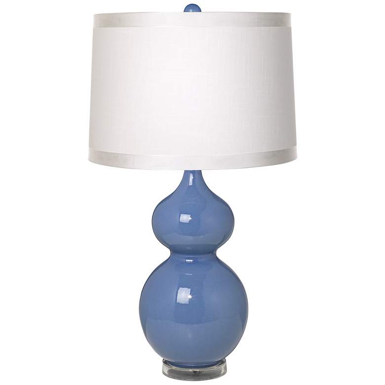 Image 1 White Drum Shade Double Gourd Slate Blue Ceramic Table Lamp