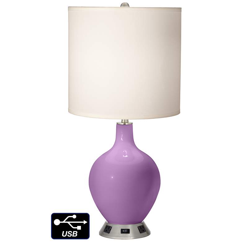 Image 1 White Drum Table Lamp - 2 Outlets and USB in African Violet