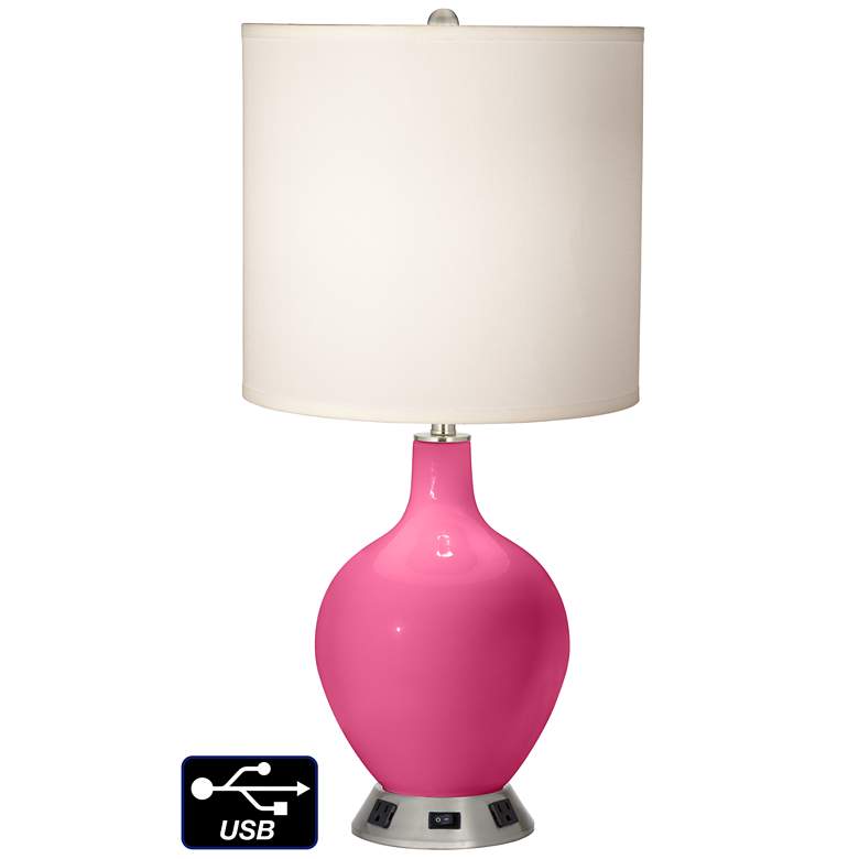 Image 1 White Drum Table Lamp - 2 Outlets and USB in Blossom Pink
