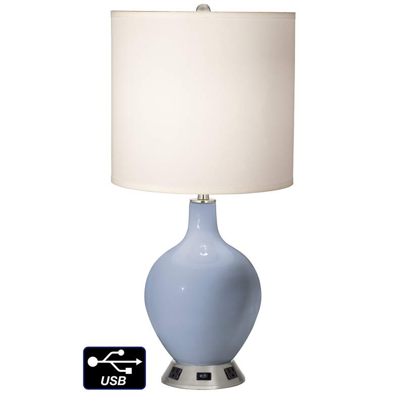 Image 1 White Drum Table Lamp - 2 Outlets and USB in Blue Sky