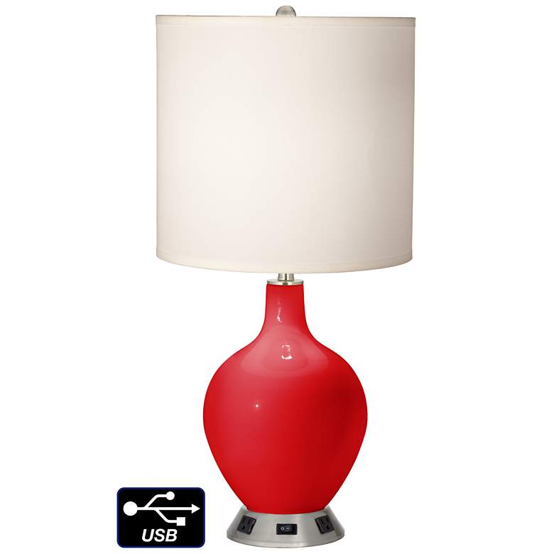 Image 1 White Drum Table Lamp - 2 Outlets and USB in Bright Red