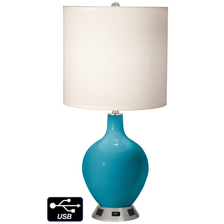 Image 1 White Drum Table Lamp - 2 Outlets and USB in Caribbean Sea
