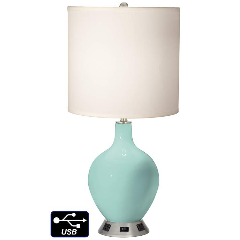 Image 1 White Drum Table Lamp - 2 Outlets and USB in Cay