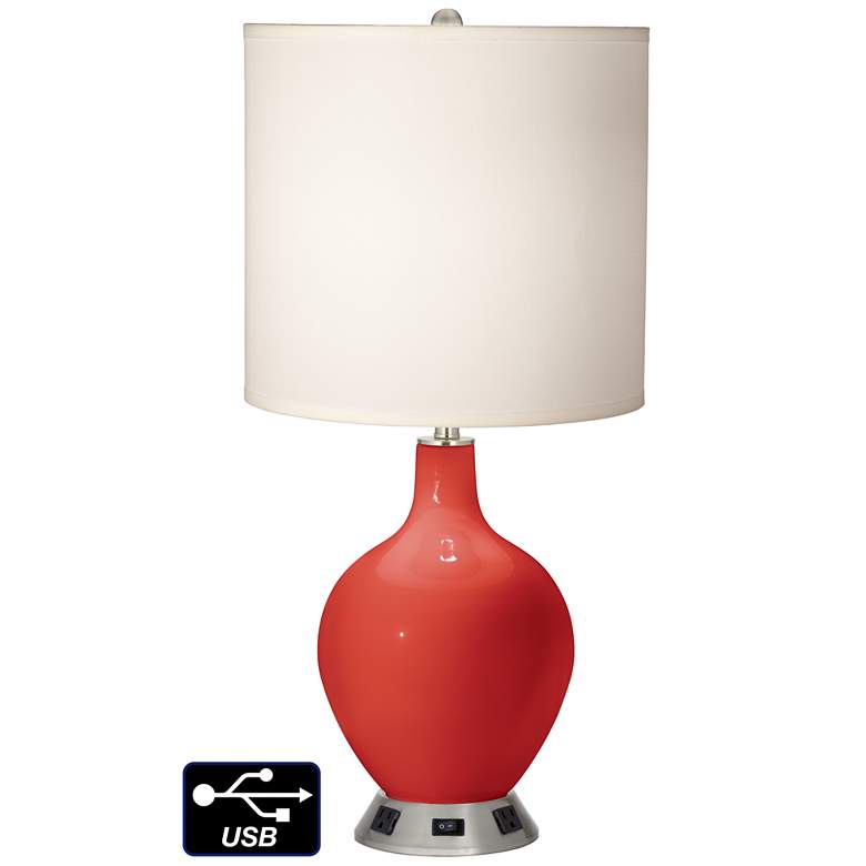 Image 1 White Drum Table Lamp - 2 Outlets and USB in Cherry Tomato