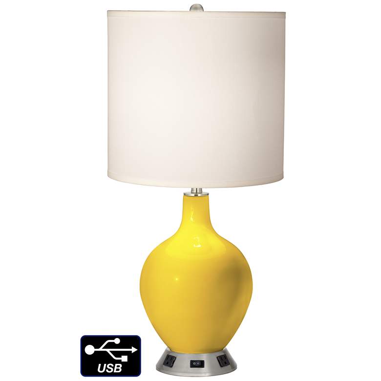 Image 1 White Drum Table Lamp - 2 Outlets and USB in Citrus
