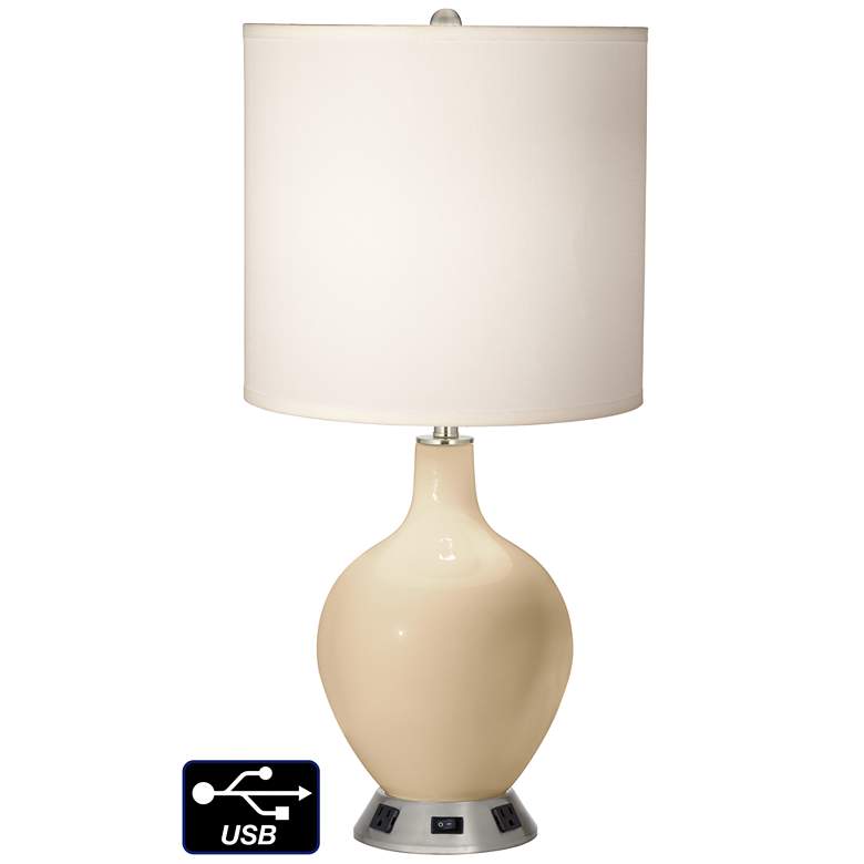 Image 1 White Drum Table Lamp - 2 Outlets and USB in Colonial Tan
