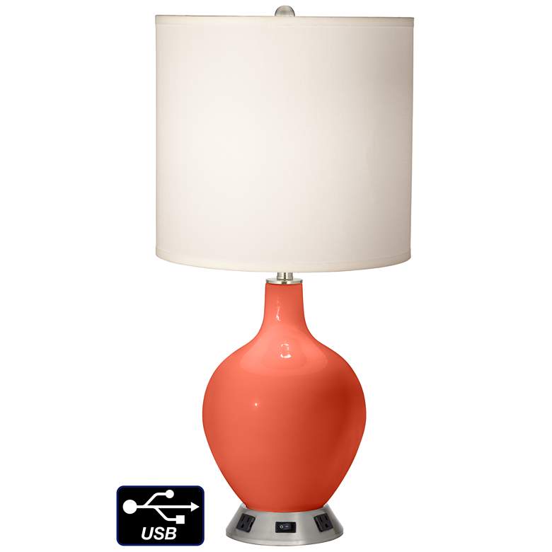 Image 1 White Drum Table Lamp - 2 Outlets and USB in Daring Orange