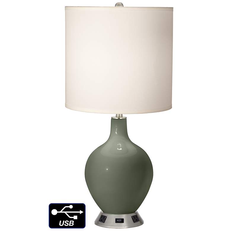Image 1 White Drum Table Lamp - 2 Outlets and USB in Deep Lichen Green