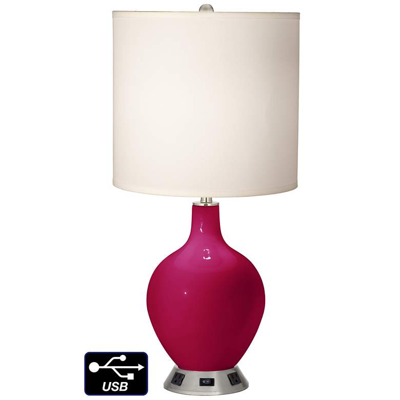 Image 1 White Drum Table Lamp - 2 Outlets and USB in French Burgundy