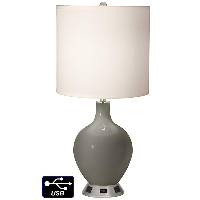 Image 1 White Drum Table Lamp - 2 Outlets and USB in Gauntlet Gray