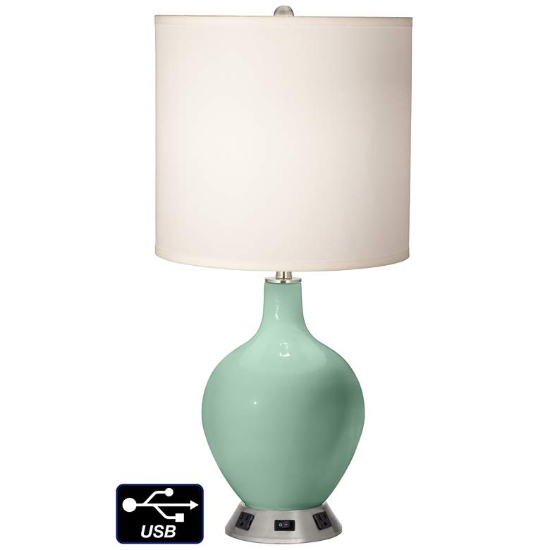 Image 1 White Drum Table Lamp - 2 Outlets and USB in Grayed Jade