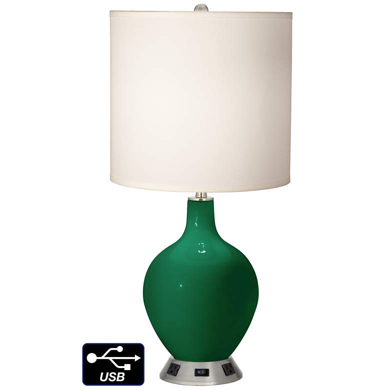 Image 1 White Drum Table Lamp - 2 Outlets and USB in Greens