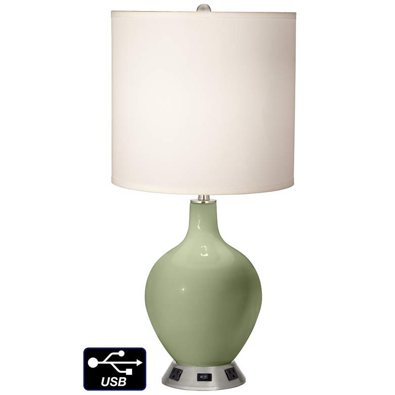 Image 1 White Drum Table Lamp - 2 Outlets and USB in Majolica Green